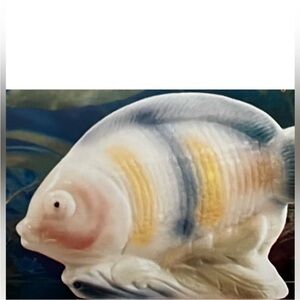 Ceramic Fish Figurine Coastal Nautical Beach Decor Blue Yellow Sculpture
